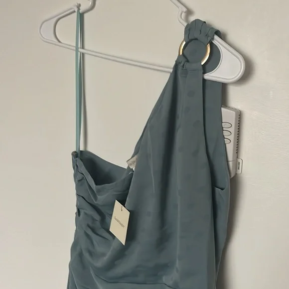 Favorite Daughter The Singles Table Blue Slate Polka Dot One-Shoulder Dress, new - Picture 4 of 9